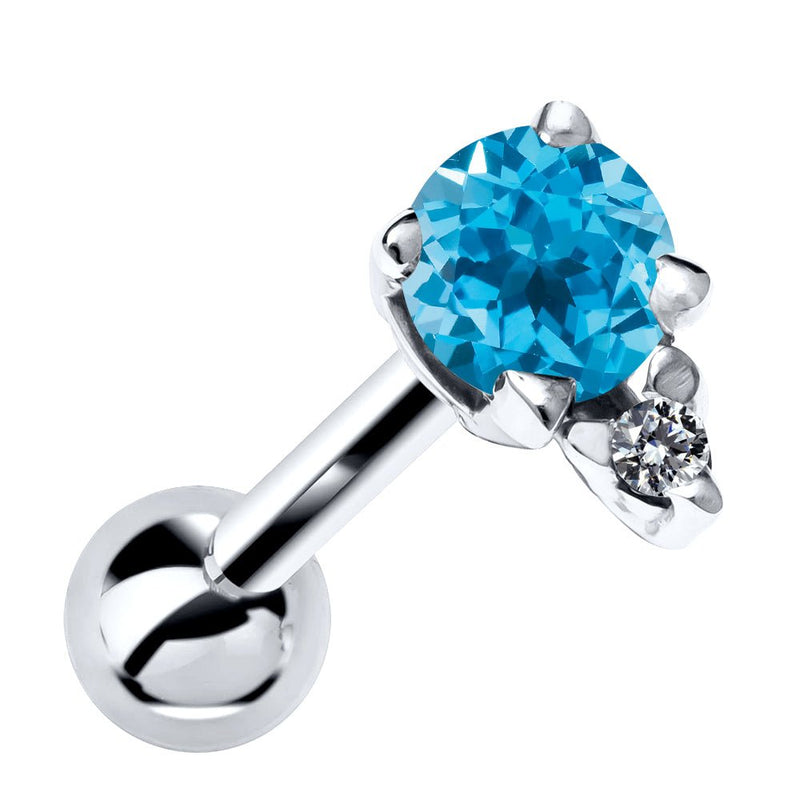 14k white gold cartilage stud with genuine blue topaz and diamond accent, front view