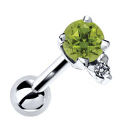 14k white gold helix stud with genuine peridot and diamond accent, front view