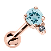 14k rose gold cartilage stud with genuine aquamarine and diamond accent, front view