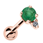 14k rose gold cartilage stud with genuine emerald and diamond accent, front view