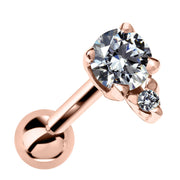 14k rose gold cartilage stud with round CZ and diamond accent, angled product view