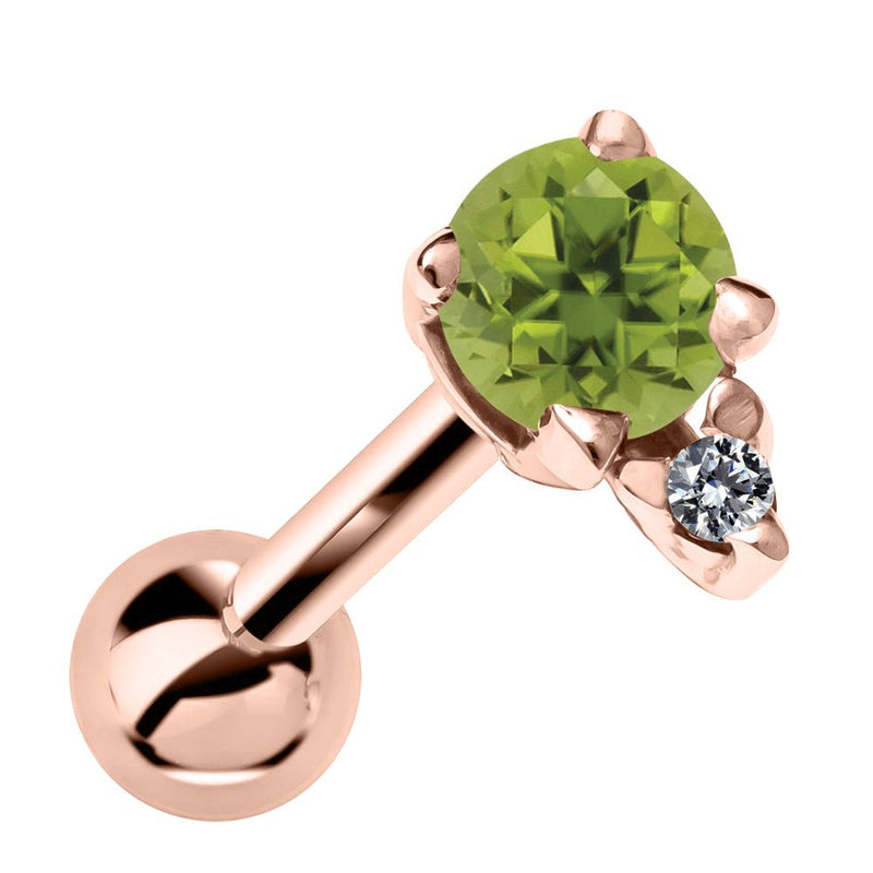 14k rose gold helix stud with genuine peridot and diamond accent, front view