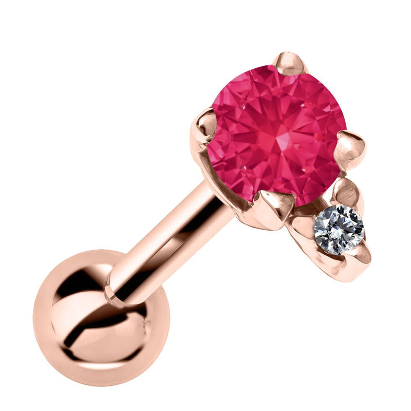 14k rose gold cartilage stud with genuine ruby and diamond accent, front view
