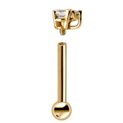Reverse view of 14k yellow gold cartilage stud showing threaded post and ball backing