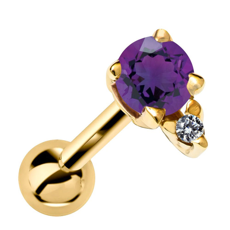 14k yellow gold cartilage stud with genuine amethyst and diamond accent, front view