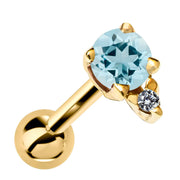 14k yellow gold helix stud with genuine aquamarine stone and diamond accent