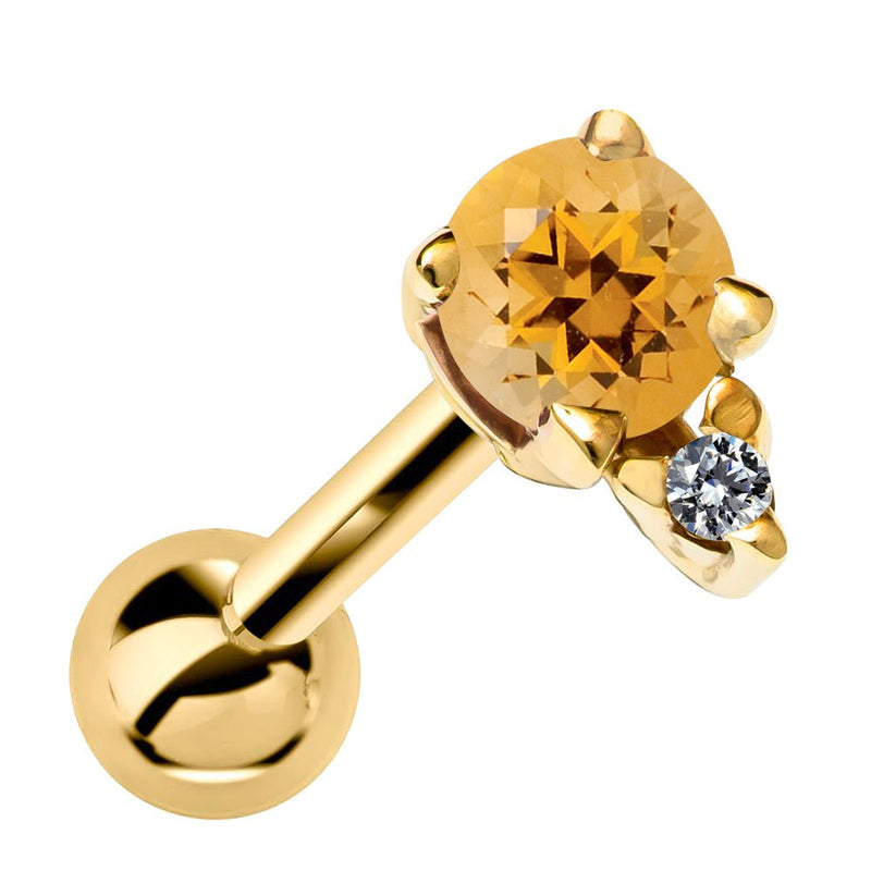 14k yellow gold cartilage stud with genuine citrine and diamond accent, front view