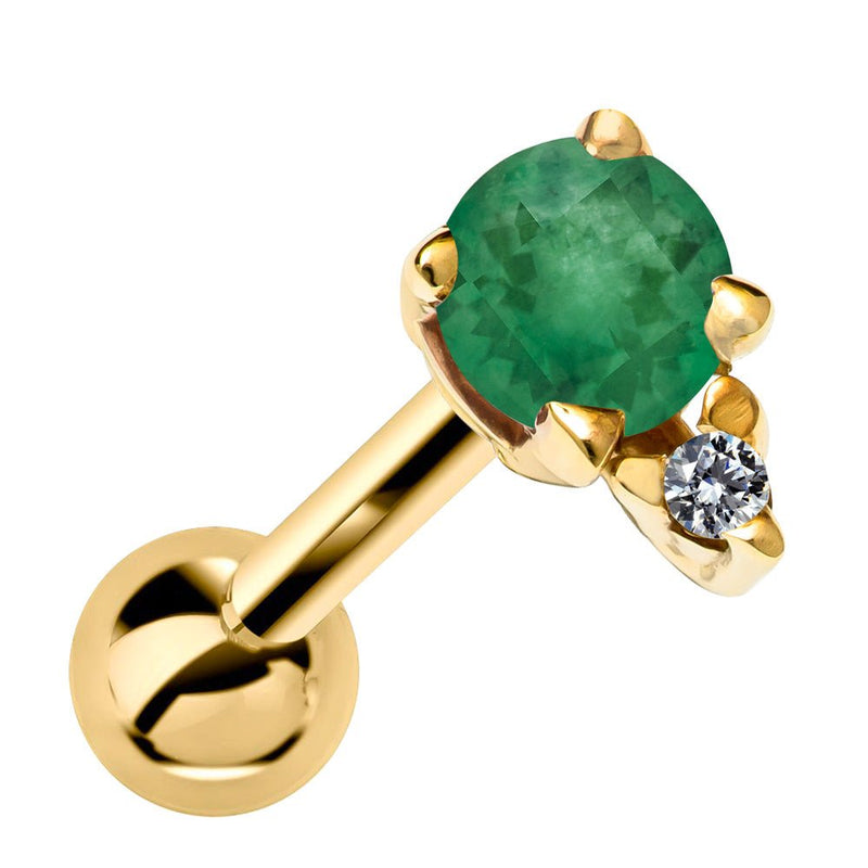 14k yellow gold cartilage stud featuring genuine emerald and SI1 diamond accent