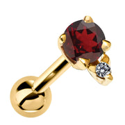 14k yellow gold cartilage stud with genuine deep red garnet and diamond accent
