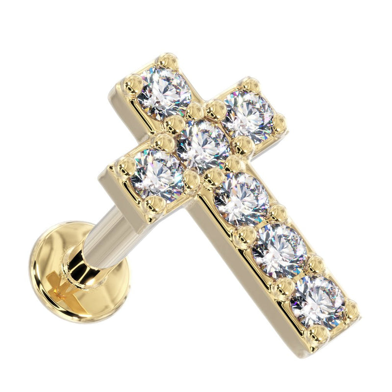 14k yellow gold diamond cross flat back labret stud, angled view showing 7-diamond setting and flat disc