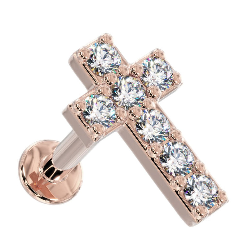 14k rose gold diamond cross flat back labret stud, angled view showing warm gold tone and diamond setting