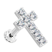 14k white gold diamond cross flat back stud, front-angled view highlighting 7 brilliant-cut diamonds