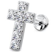 14k white gold diamond cross cartilage stud, angled view showing prong-set diamonds and flat back post