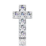 Direct front view of 14k white gold diamond cross labret top showing all 7 prong-set round diamonds