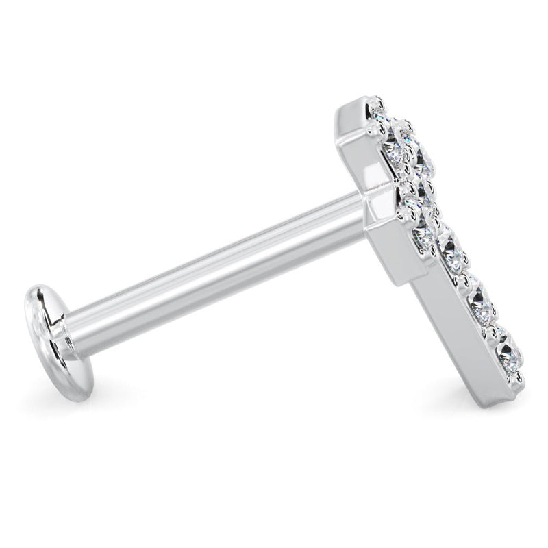 True side profile of 14k white gold diamond cross flat back stud showing post length and disc backing