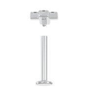 Disassembled view of diamond cross labret showing internally threaded top and flat back post separately