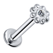 14k white gold diamond flower flat back labret stud with bezel-set VS1 diamond, angled product view