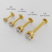 14k yellow gold CZ flat back labret gauge and length comparison: 18G 5mm through 14G 9.5mm