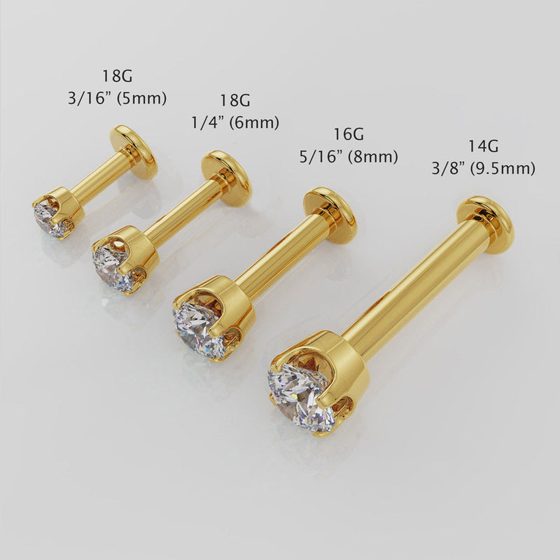 14k yellow gold CZ flat back labret gauge and length comparison: 18G 5mm, 18G 6mm, 16G 8mm, 14G 9.5mm