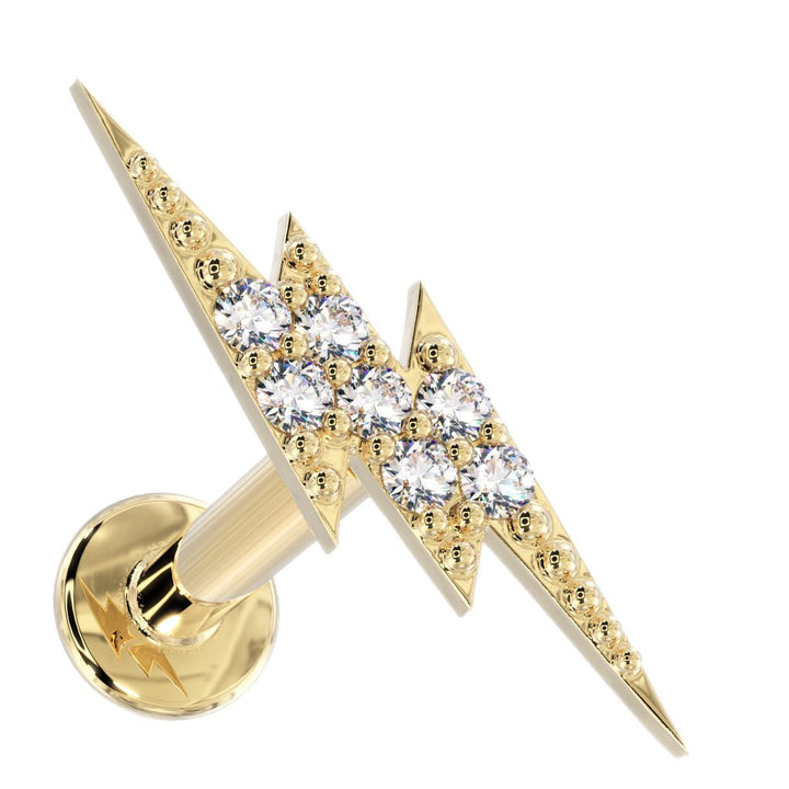 Diamond Pave Lightning Bolt 14k Gold Flat Back Stud-Yellow Gold   14G (1.6mm)   3 8" (9.5mm)