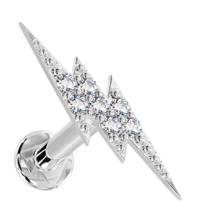 Diamond Pave Lightning Bolt 14k Gold Flat Back Stud-White Gold   14G (1.6mm)   3 8" (9.5mm)