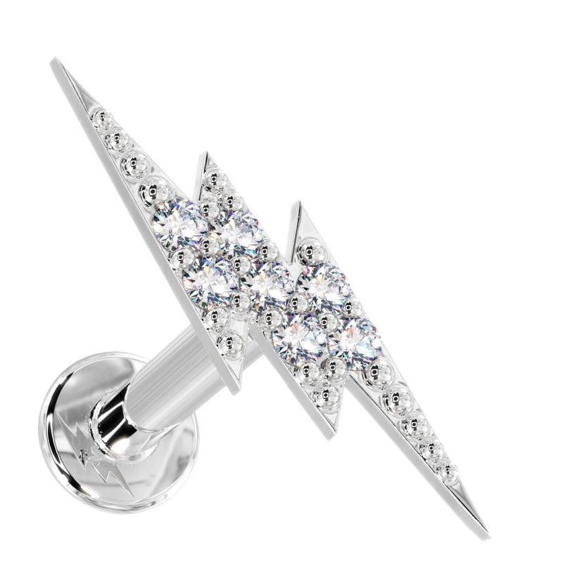 14k white gold diamond pavé lightning bolt flat back stud, angled product view on white background