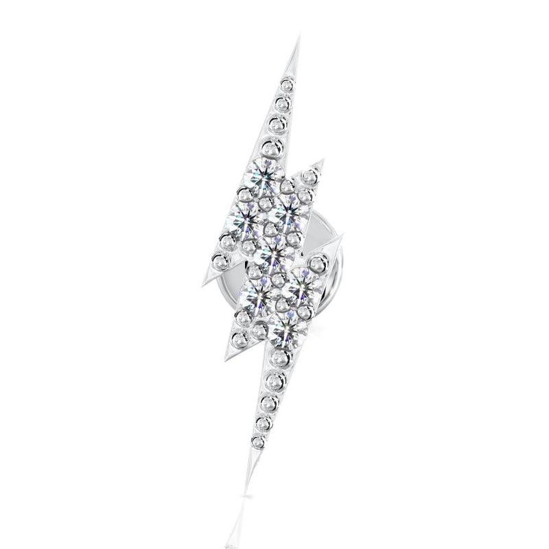 Close-up front view of 14k white gold diamond pavé lightning bolt charm showing 7-stone pave detail