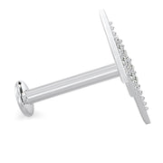 Side profile of white gold diamond pavé lightning bolt flat back stud showing post and flat disc back