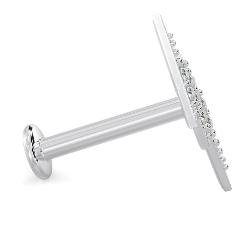 Side profile of white gold diamond pavé lightning bolt flat back stud showing post and flat disc back