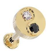 14k yellow gold yin yang labret stud with genuine black and white diamonds, angled front view
