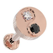 14k rose gold yin yang flat back stud with black and white diamonds, angled front view