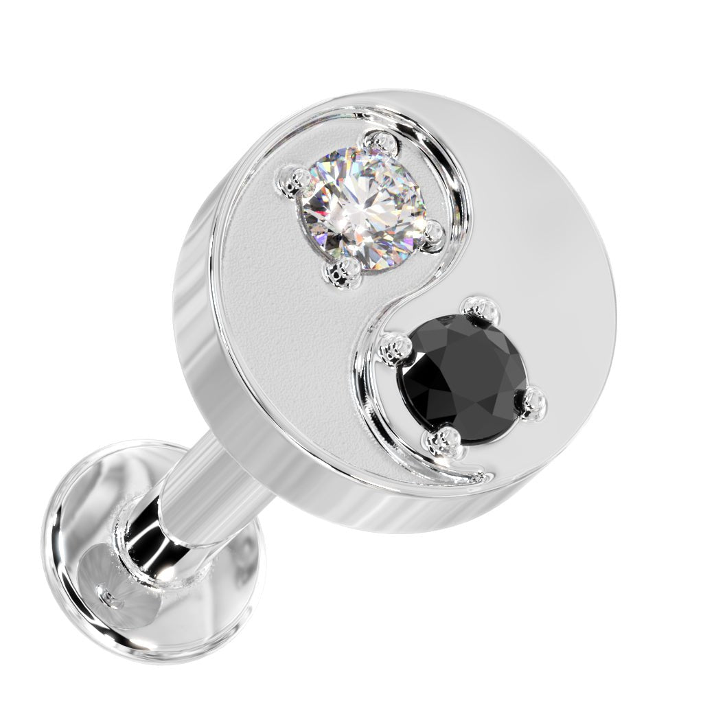 Black & White Diamond Yin Yang 14k Gold Flat Back Stud-White Gold   14G (1.6mm)   3 8" (9.5mm)