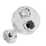 14k white gold yin yang diamond flat back stud with black and white genuine diamonds, angled view