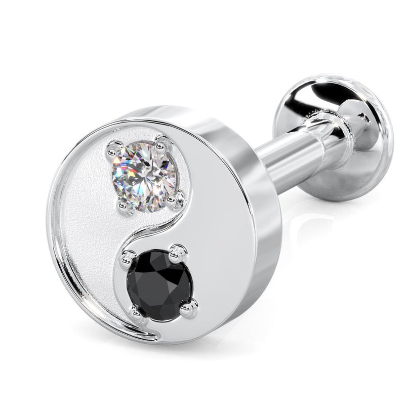 14k white gold yin yang flat back stud with black and white diamond, angled view showing post