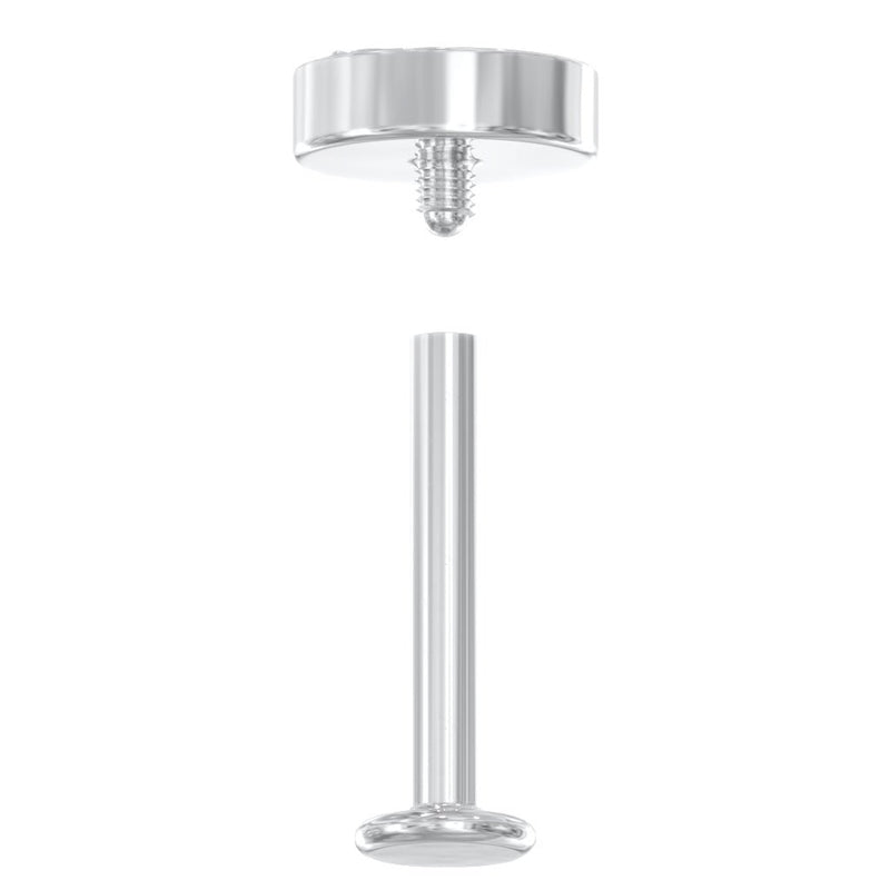 Internally threaded flat back labret post disassembled, showing threaded end and flat disc base