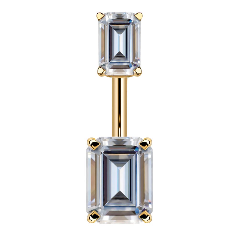 Double Emerald Cut Cubic Zirconia 14k Gold Belly Ring-14k Yellow Gold   Clear