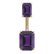 14k yellow gold belly ring with double emerald-cut purple CZ stones in four-prong settings, front view