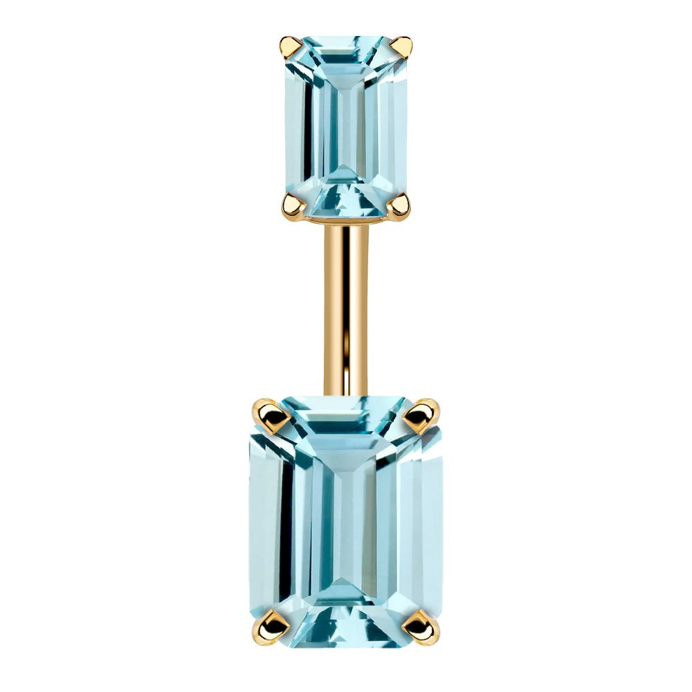 Double Emerald Cut Cubic Zirconia 14k Gold Belly Ring-14k Yellow Gold   Light Blue