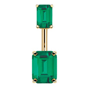 14k yellow gold belly ring with double emerald-cut dark green CZ stones in four-prong settings, front view