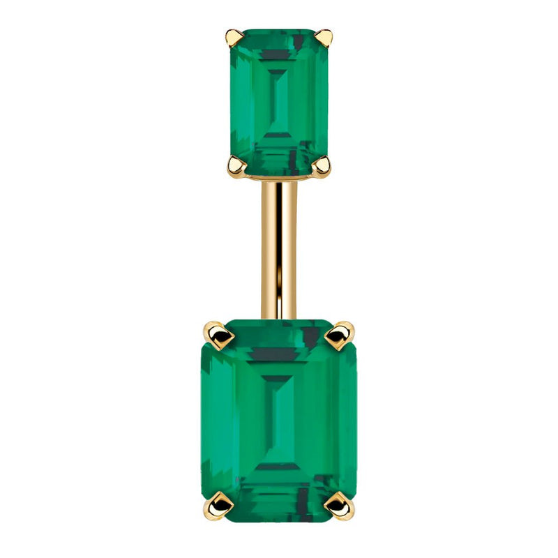14k yellow gold belly ring with double emerald-cut dark green CZ stones in four-prong settings, front view