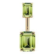 14k yellow gold belly ring with double emerald-cut light green CZ stones in four-prong settings, front view