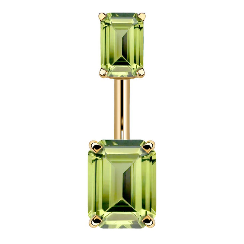 14k yellow gold belly ring with double emerald-cut light green CZ stones in four-prong settings, front view