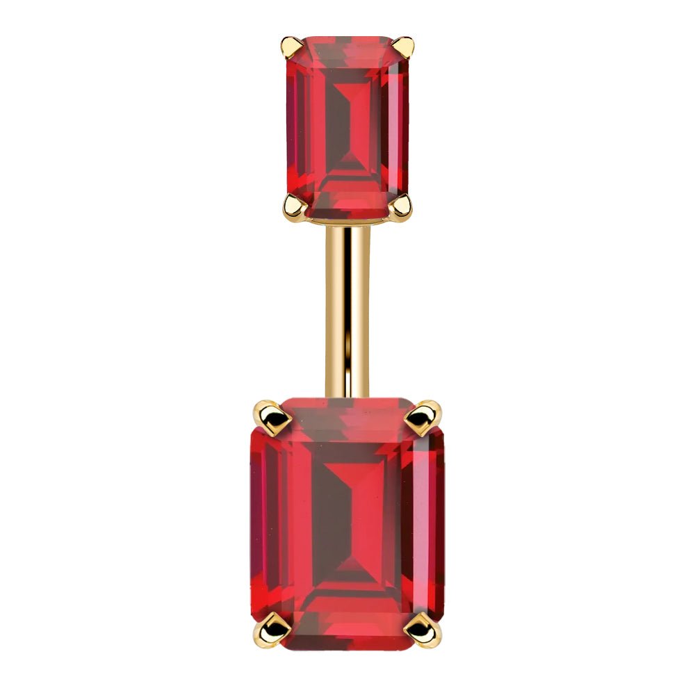 Double Emerald Cut Cubic Zirconia 14k Gold Belly Ring-14k Yellow Gold   Red