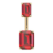 14k yellow gold belly ring with double emerald-cut red CZ stones in four-prong settings, front view