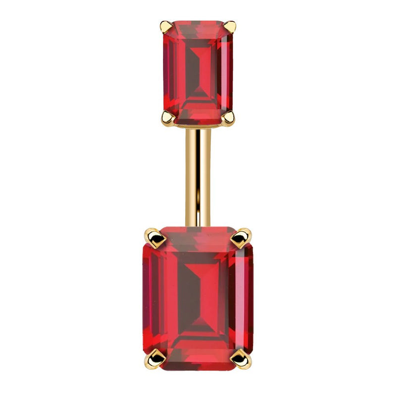 14k yellow gold belly ring with double emerald-cut red CZ stones in four-prong settings, front view