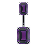 14k white gold belly ring with double emerald-cut purple CZ stones in four-prong settings, front view