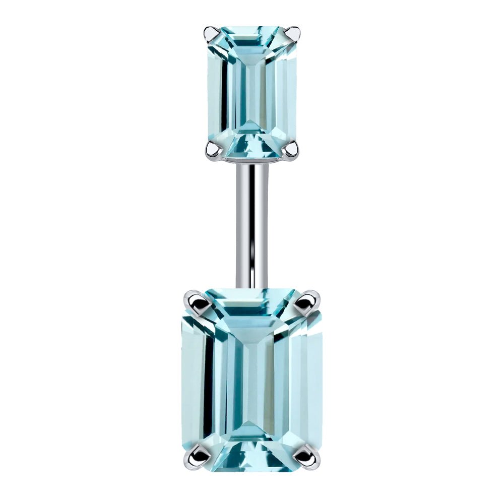 Double Emerald Cut Cubic Zirconia 14k Gold Belly Ring-14k White Gold   Light Blue