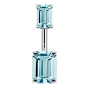 14k white gold belly ring with double emerald-cut light blue CZ stones in four-prong settings, front view