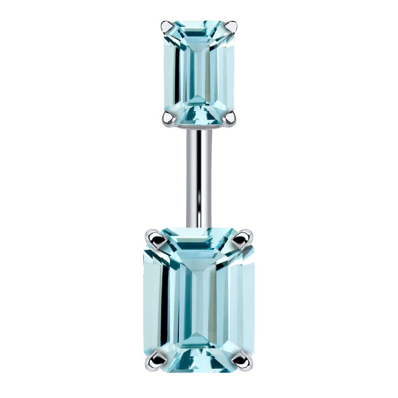 14k white gold belly ring with double emerald-cut light blue CZ stones in four-prong settings, front view