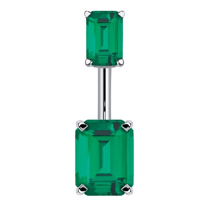 Double Emerald Cut Cubic Zirconia 14k Gold Belly Ring-14k White Gold   Dark Green